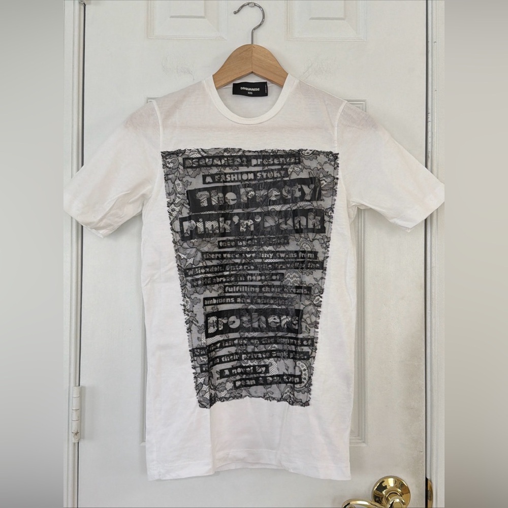 DSQUARED2 Ladies’ White Cotton T-Shirt W/ Lace Insert XXS VGC Italy